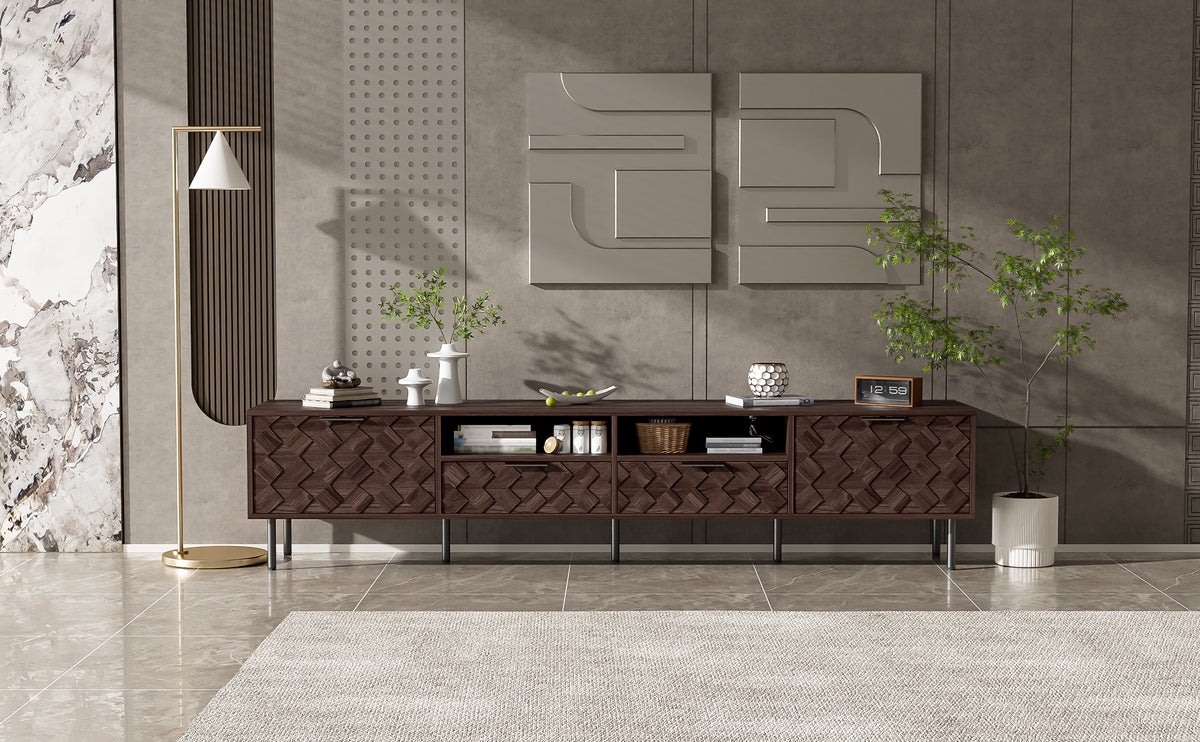 Modern 78 inch TV Stand for TVs up to 85 inches, Walnut Finish with Closed Storage, Soft-Closing Hinges, Iron Legs