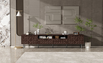 Modern 78 inch TV Stand for TVs up to 85 inches, Walnut Finish with Closed Storage, Soft-Closing Hinges, Iron Legs
