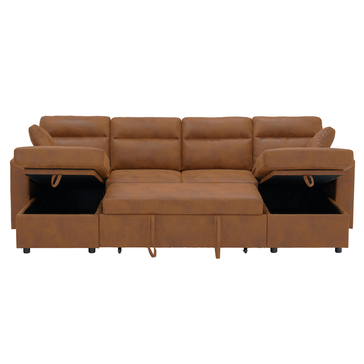 Convertible U-Shaped Sectional Sofa Bed with Double Storage Chaises, Pull-Out Sleeper, Cup Holders, and Lumbar Pillows