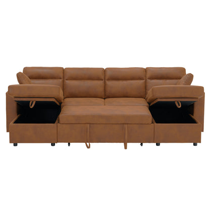 Convertible U-Shaped Sectional Sofa Bed with Double Storage Chaises, Pull-Out Sleeper, Cup Holders, and Lumbar Pillows