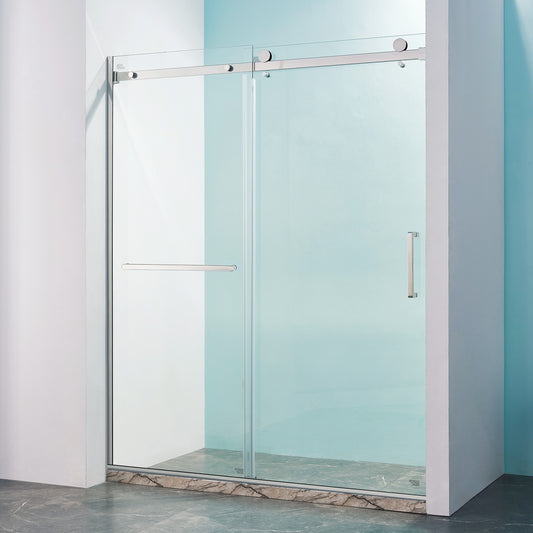 56-60'W x 75'H Semi-Frame Single Sliding Shower Door, 304 Stainless Steel in Brushed Nickel, 5/16' (8mm) Thick SGCC Tempered Clear Glass