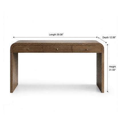 Dark Brown Curved Design 3-Drawer Long Console Table,  Entryway Sofa Table with Gold Pull Handles, Storage Accent Table for Living Room Hallway Foyer