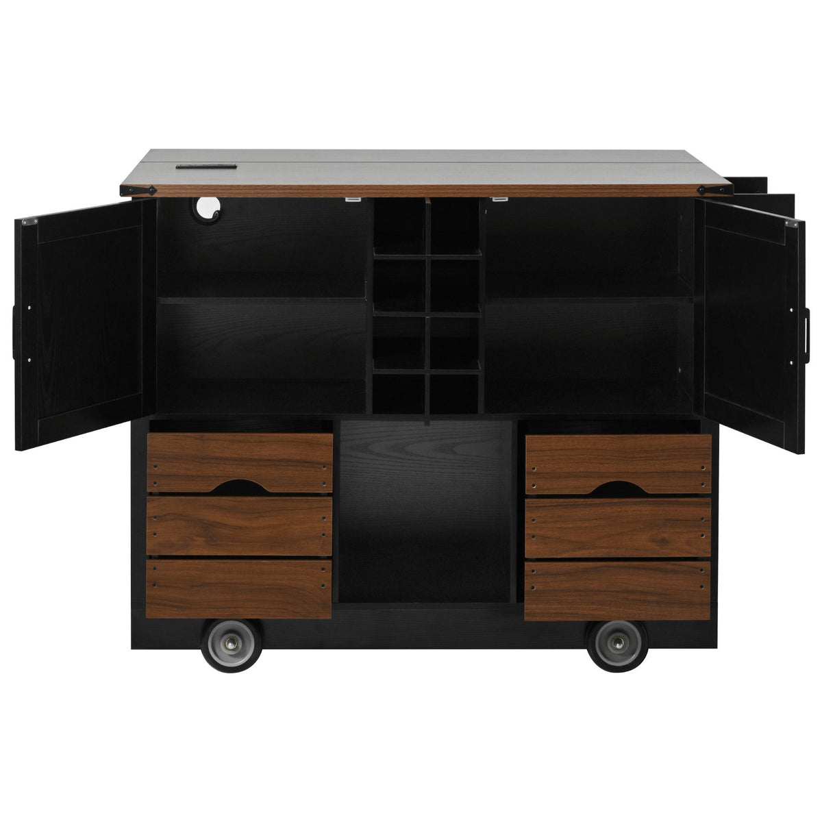 K&K 54" Farmhouse Kitchen Island with Drop Leaf, Power Outlet, Kitchen Storage Cart with 2 Doors, 2 Drawers