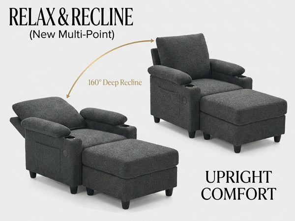Accent Chair and Storage Ottoman Set, Versatile Single Chaise Lounge Convertible Sleeper Bed W/Reclining Backrest,Cupholders,USB-C Ports