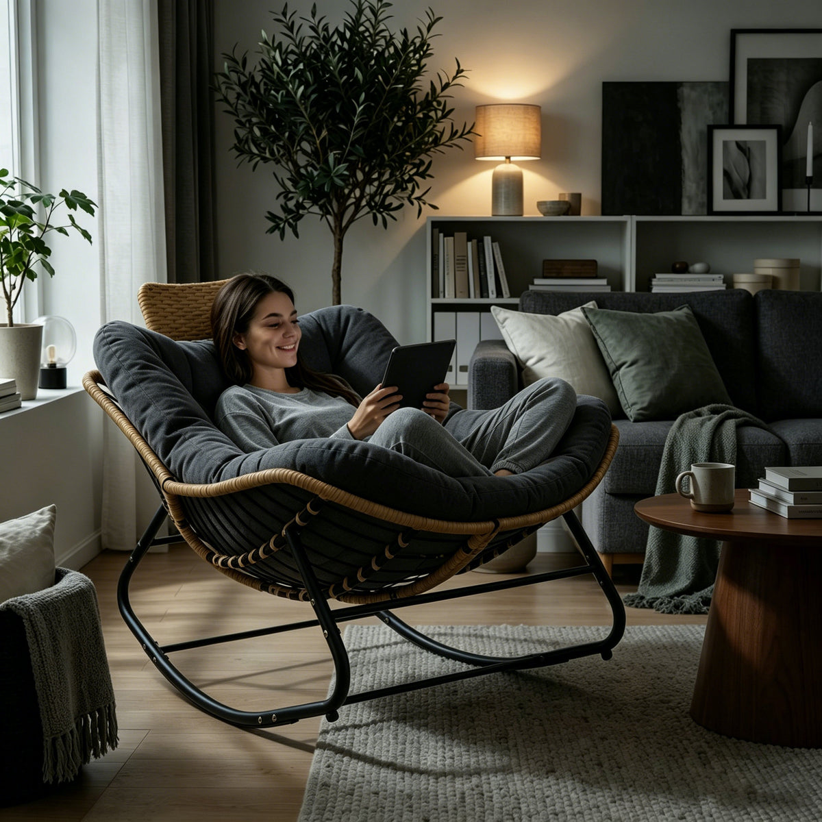39.37"Papasan Rocking Chair Outdoor, Oversized Patio Egg Chair with Thick Cushion And Handwoven Rattan Head Pillow,Indoor Wicker Lounge Rocker Bed for Balcony, Porch, Garden, Dark Grey