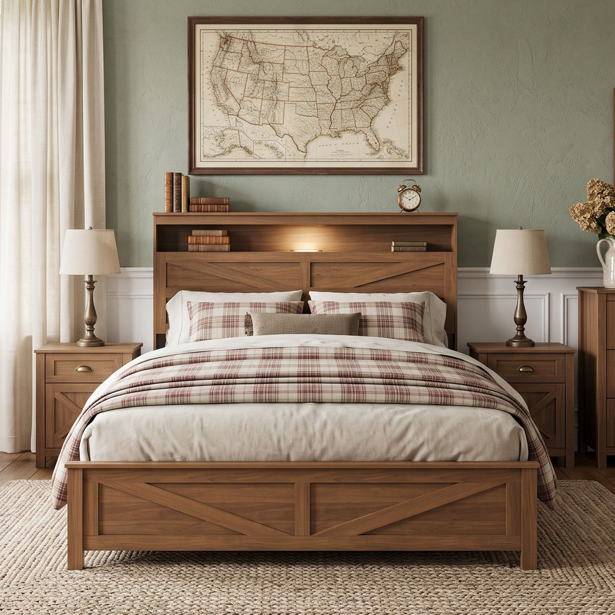 Queen size bed frame headboard with LED lights and charging station cushion platform bed frame, large bed, with headboard and hidden storage space, no box spring required, Antique,Brown