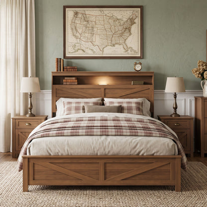 Queen size bed frame headboard with LED lights and charging station cushion platform bed frame, large bed, with headboard and hidden storage space, no box spring required, Antique,Brown