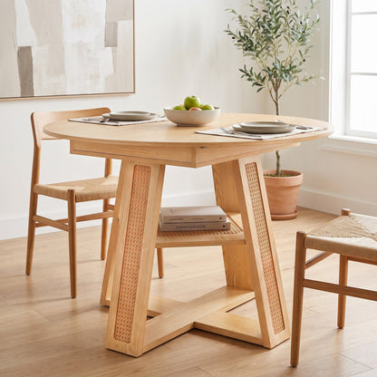 43.3'-59.05' Extendable Round Dining Table for 4-6, Round-to-Oval Kitchen Table with Removable Extension Leaf, Cross-Shaped Base and Storage Shelf, Natural