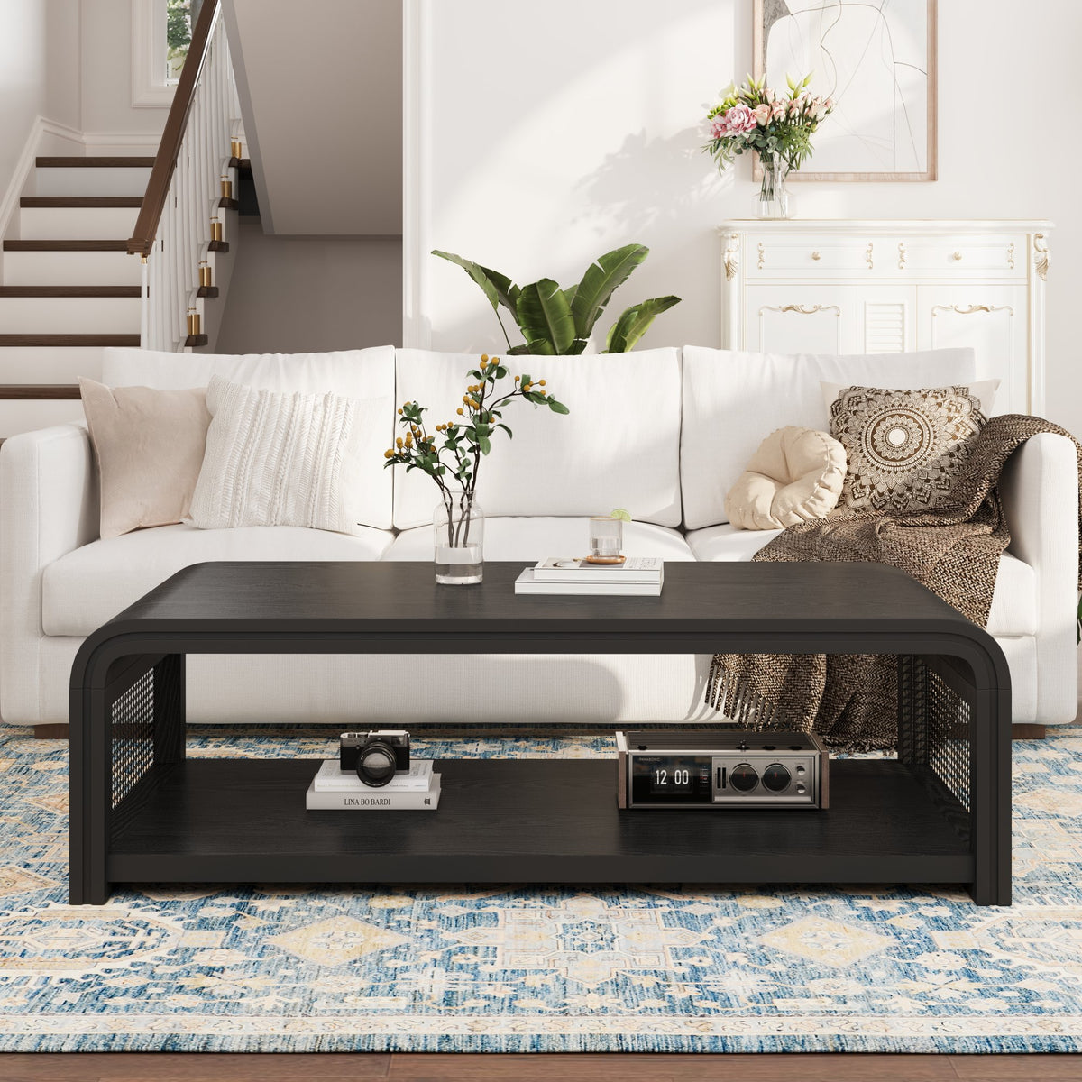 Curved Rectangular Coffee Table with Rattan Sides, 2-Tier Storage Wooden Center Table,Boho Farmhouse Low Tea Table,suitable for Living Room,Apartment, Home Decor,Black
