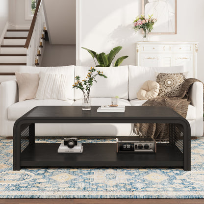 Curved Rectangular Coffee Table with Rattan Sides, 2-Tier Storage Wooden Center Table,Boho Farmhouse Low Tea Table,suitable for Living Room,Apartment, Home Decor,Black