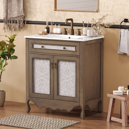 30' Antique Pattern Bathroom Vanity with Rectangle Ceramic Sink, Bathroom Vanity Cabinet with Tip-Out Tray / Flip-Out Drawer, Equipped with Antique Handles and Rubber Wood legs, Vintage Light Brown