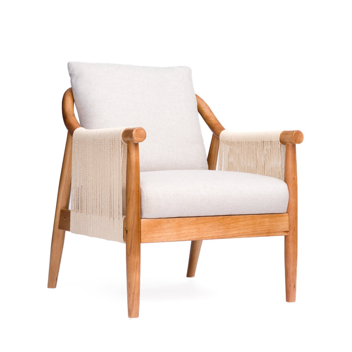 Accent Chair, Solid Hardwood Frame with Hand-Woven Paper Rope Arm, Mid-Century Modern Armchair with Soft Linen-Blend Cushion, Natural Wood Finish for Living Room, Bedroom, Reading Nook, Entryway
