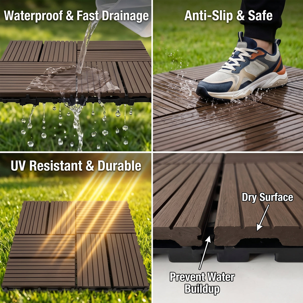 Interlocking WPC Deck Tiles 11.8"x11.8", Wood Plastic Composite Patio Floor Tiles, Waterproof Drainage Outdoor Flooring for Balcony, Backyard, Poolside, 25 Pack,-8 panel,(dark brown)