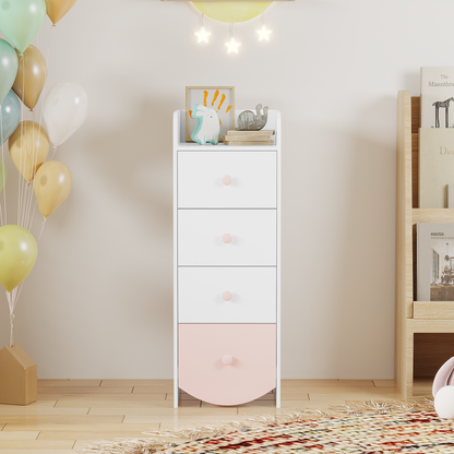 Kids Dresser with 4 Drawers, Narrow Storage Cabinet for Kids Room, MDF Chest of Drawers with Round Bottom Design, Nursery Bedroom Organizer, White