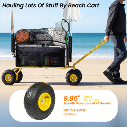 Fishing Cart Beach Cart Collapsible Wagon 9.85'' All-Terrain Wheels for Sand, Heavy Duty Garden Cart with Rod Holders