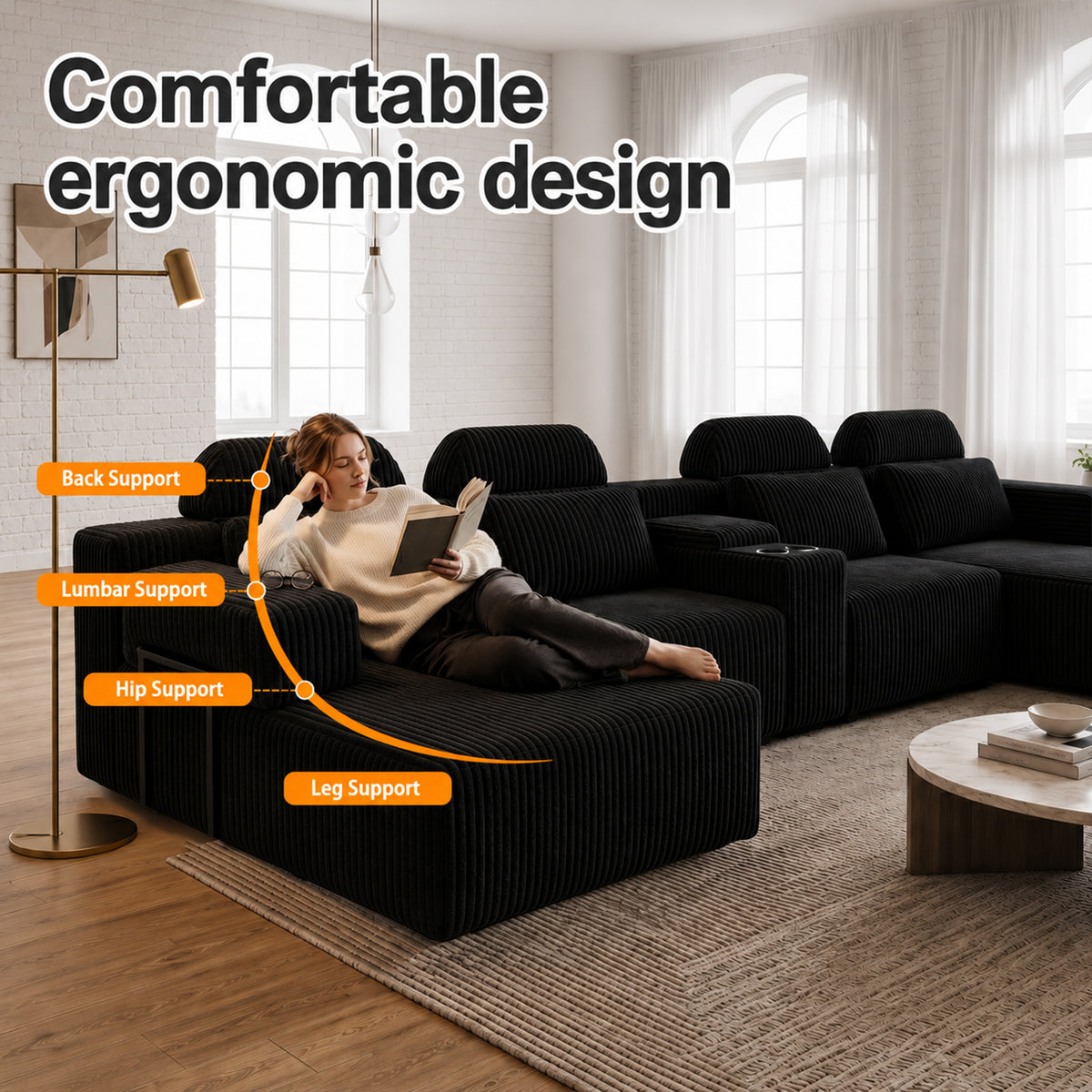 Modern Black corduroy 6-seater U-shaped sofa with lounge chair and cup holder -145.7 inch oversized modular compression sofa, suitable for home theaters, luxury living spaces, tool free assembly