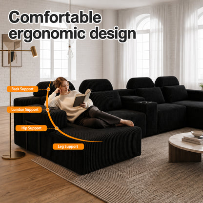 Modern Black corduroy 6-seater U-shaped sofa with lounge chair and cup holder -145.7 inch oversized modular compression sofa, suitable for home theaters, luxury living spaces, tool free assembly