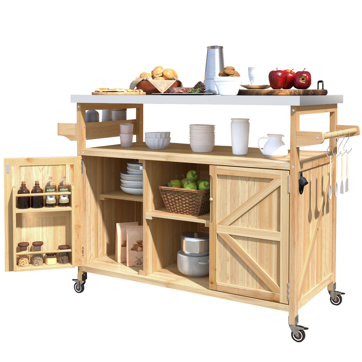 K&K Outdoor Kitchen Island, Rolling Bar Cart & Storage Cabinet, Farmhouse Solid Wood Outdoor Grill Table with Stainless Steel Top – Model WF532198AAY