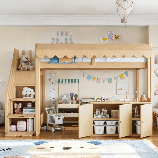 Twin over Twin Size Playhouse Loft Bed with Storage Stairs, Solid Wood Kids Loft Bed with Pretend Convenience Store Counter, Convertible Underbed Space for Sleep or Play. Natural