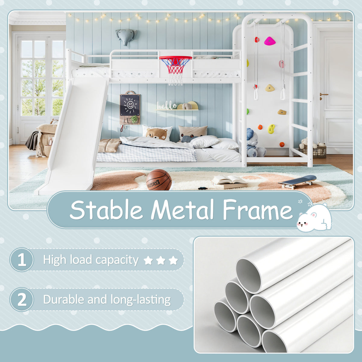 Twin size metal loft/bunk bed with basketball hoop, pull-up rings, climbing wall, and built-in bookshelves. Playful children's design featuring a slide,White.