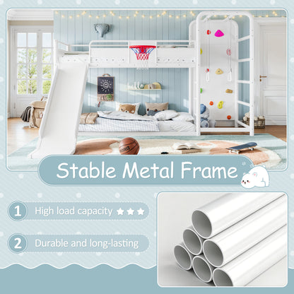 Twin size metal loft/bunk bed with basketball hoop, pull-up rings, climbing wall, and built-in bookshelves. Playful children's design featuring a slide,White.
