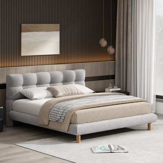 Queen Size Upholstered Platform Bed Frame with Cookie-Shaped Headboard, Easy Assembly, soft and comfortable,Grey