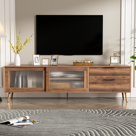 Modern TV Stand for 75'+ TV, TV Console with 2 Glass Doors, Entertainment Center with 2 Drawers & Storage Cabinet, 70" Media Console Table