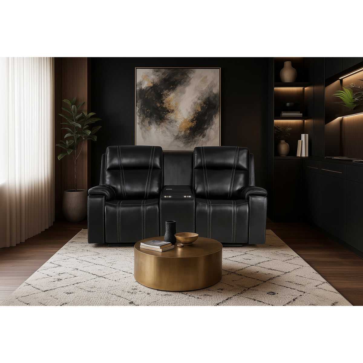 GARY BLACK LEATHER POWER CONSOLE RECLINING LOVESEAT WITH COOLER