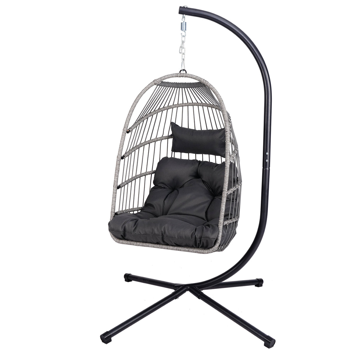 Foldable Hanging Egg Chair with Stand and Pillow, HDPE Rattan and Heavy Duty Aluminum-Steel Frame, Outdoor Patio Wicker Swing Egg Chair with Headrest and Cushioned, 350 Lbs Capacity (Gray)