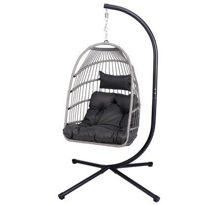 Foldable Hanging Egg Chair with Stand and Pillow, HDPE Rattan and Heavy Duty Aluminum-Steel Frame, Outdoor Patio Wicker Swing Egg Chair with Headrest and Cushioned, 350 Lbs Capacity (Gray)