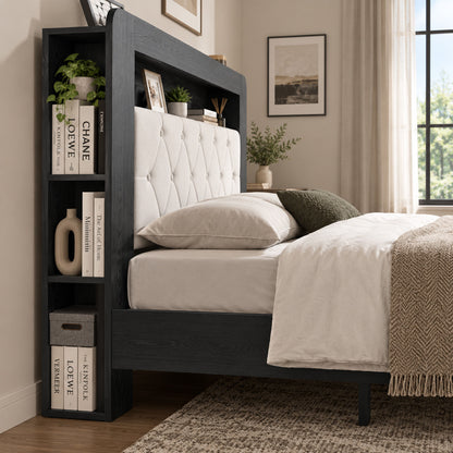 Queen Platform Bed Frame, Black Wood Look Frame with Soft Velvet , Sturdy Wood Slat Support System, Easy to Assemble, No Box Spring Required, Luxury Bedroom Furniture