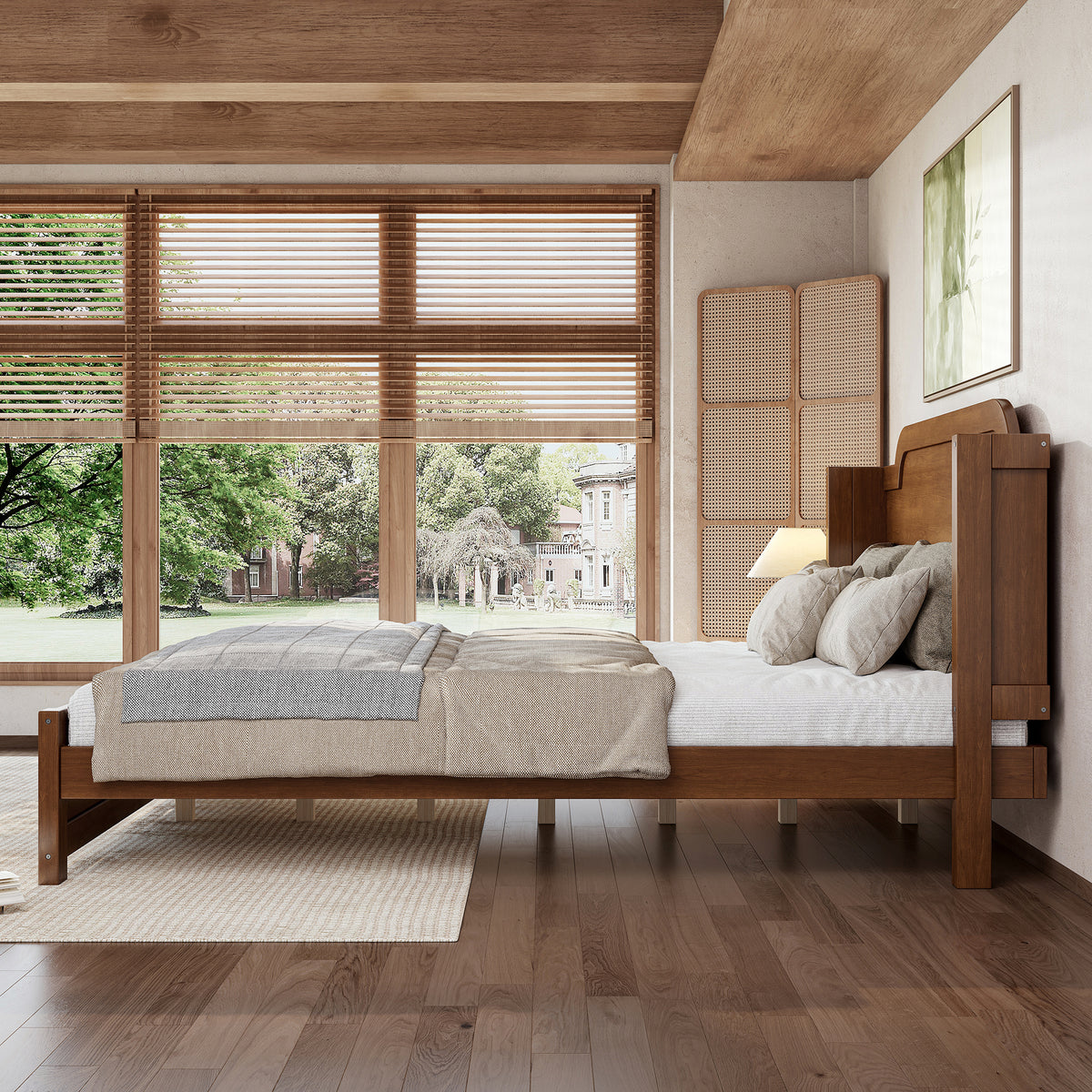 Queen Solid Wood Platform Bed with Headboard Brown Finish & Minimalist Design, Easy Assembly, No Box Spring Needed Traditional Wood Bed Frame.Brown