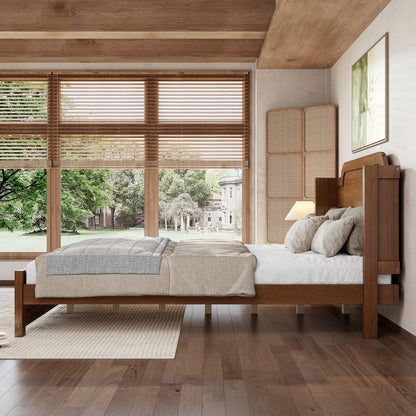 Queen Solid Wood Platform Bed with Headboard Brown Finish & Minimalist Design, Easy Assembly, No Box Spring Needed Traditional Wood Bed Frame.Brown