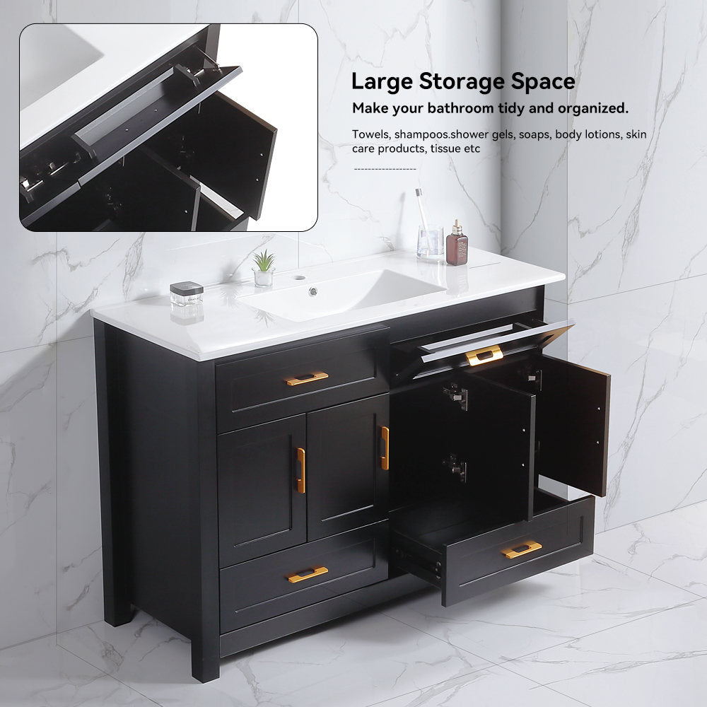 48" Black Bathroom Vanity.Abundant Storage Cabinet -4 Soft close doors and 4 drawers (excluding the ceramic basin)