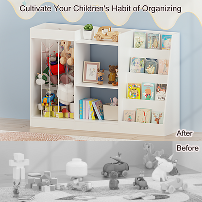Kids Bookshelf and Toy Storage, 3-Tier Book Shelf, Sling Baby Bookcase with Stuffed Animal Storage, Toddler Montessori Bookshelf