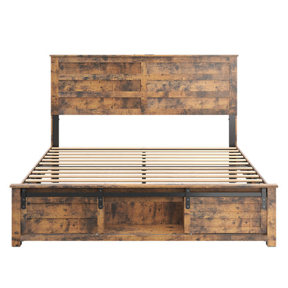 Queen Bed Frame with Upholstered Headboard and Wood Platform,Storage Headboard with Charging Station and LED,  Bed Frame with Pet Bed,No Noise, No Box Spring Needed,Easy Assembly,Antique Brown
