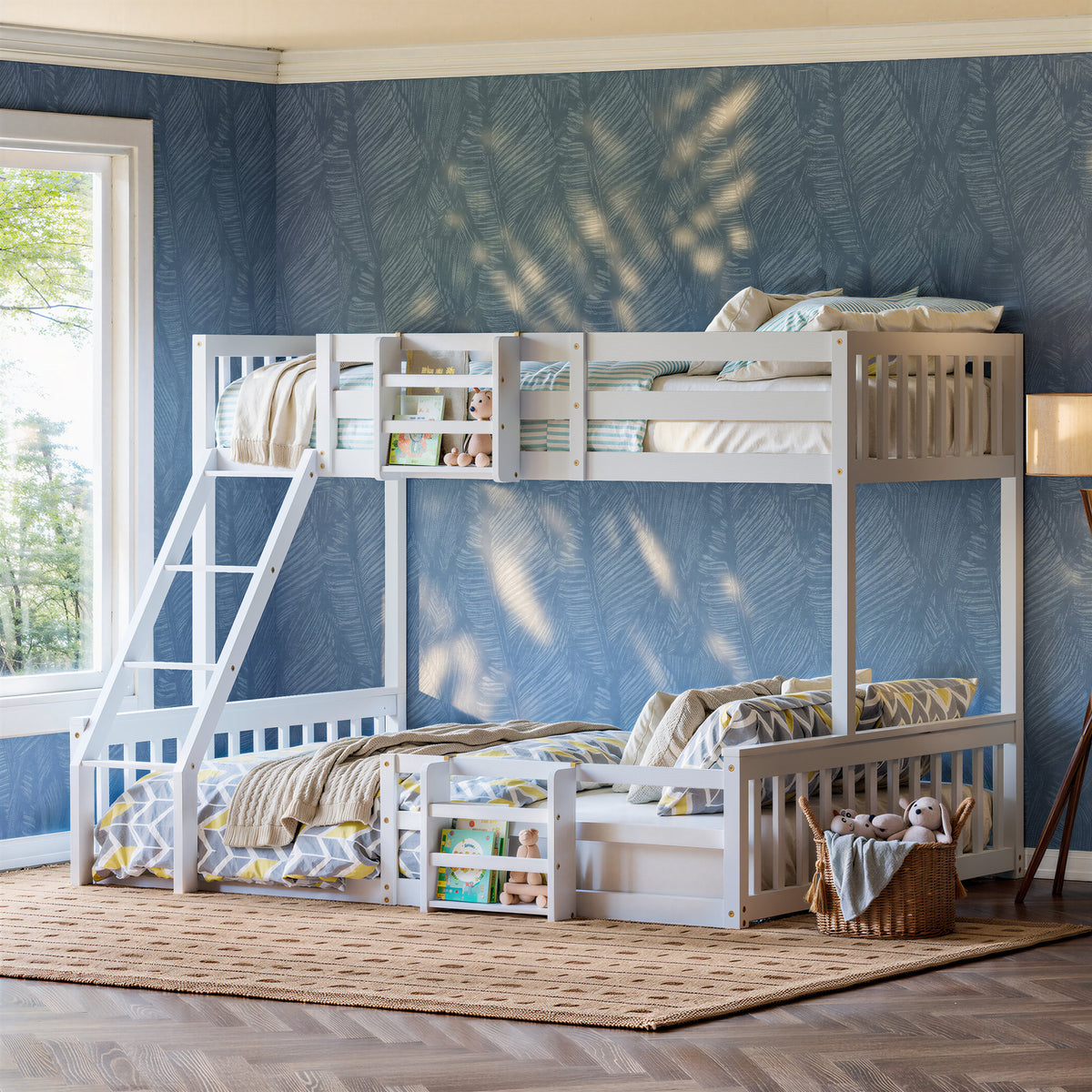 Twin Over Full Floor Bunk Bed with Ladder and Bookshelf, Space-Saving, Noise-Free, No Box Spring Needed,White