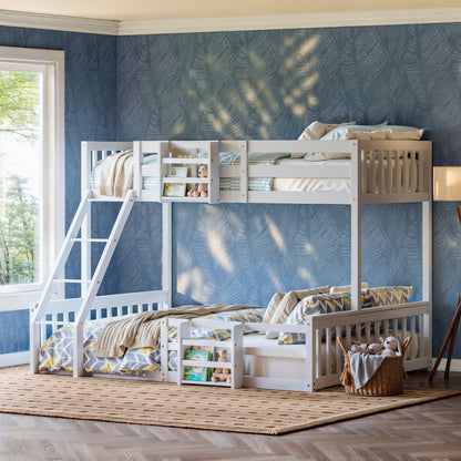 Twin Over Full Floor Bunk Bed with Ladder and Bookshelf, Space-Saving, Noise-Free, No Box Spring Needed,White
