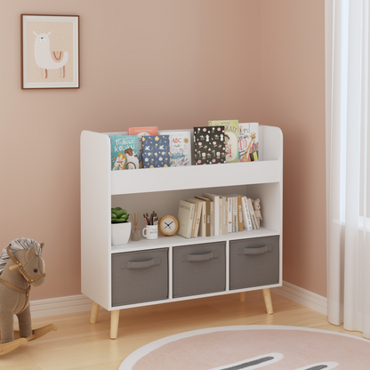 Kids Bookshelf with 3 Fabric Bins, Modern Children's Bookcase with Storage for Toys and Books, Toddler Book Organizer Shelf for Playroom, Bedroom, or Nursery, White and Gray