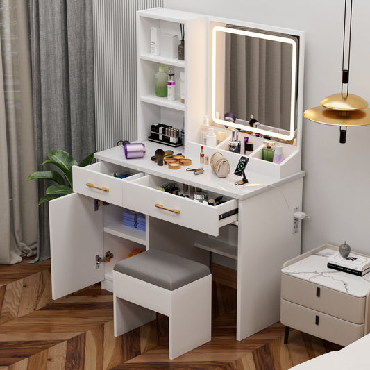 Makeup Vanity Desk with Mirror and Lights, White Vanity Table with Power Outlet and 3 Lighting Modes, Dressing Table Set with Cabinet Drawers Shelves and Storage Stool for Bedroom