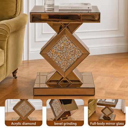 Crushed Diamond Mirrored End Table, Brown Side Accent Table, Small Mirrored Coffee Table for Living Room, Bedroom,