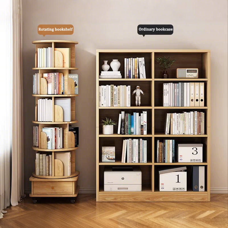 6 Tier Rotating Bookshelf, 360° Display Round Spinning Bookshelf with Wheels and Drawer, Space-Saving, Small Space Rotating Bookshelf Tower – Natural