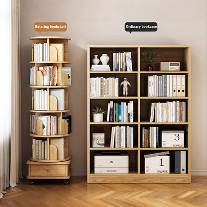 6 Tier Rotating Bookshelf, 360° Display Round Spinning Bookshelf with Wheels and Drawer, Space-Saving, Small Space Rotating Bookshelf Tower – Natural