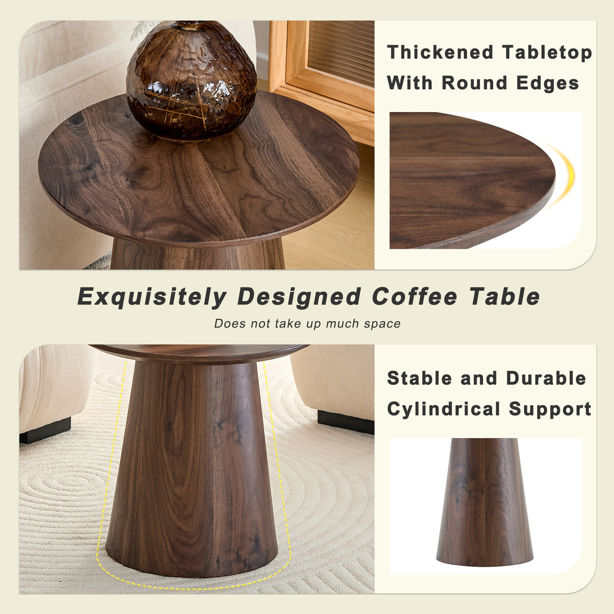 Walnut wood grain medium density fiberboard circular coffee table - diameter 19.6 inches, height 18.8 inches walnut wood grain veneer, flexible adaptation to circular tabletop.W2920P404128