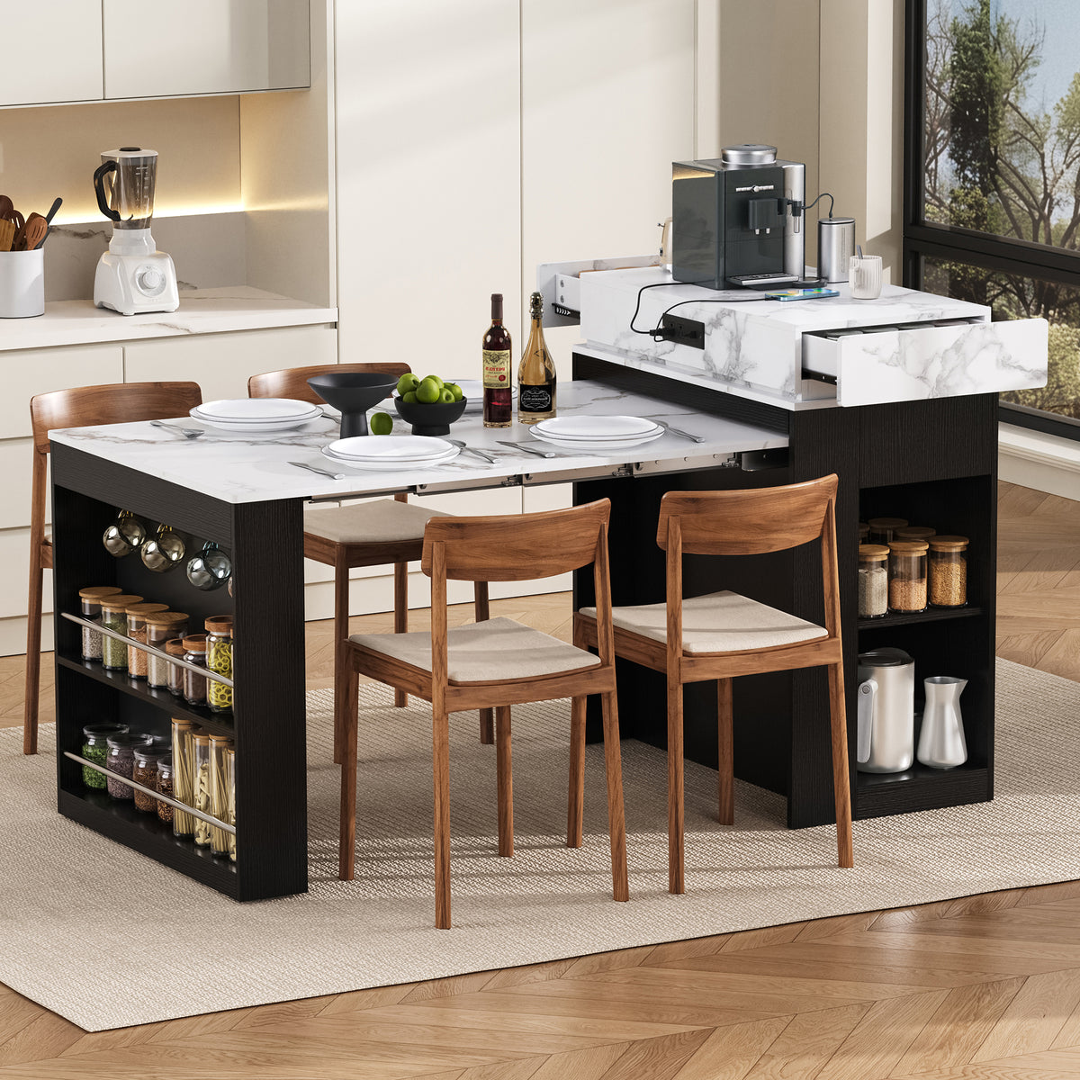 [VIDEO] TREXM Extendable Dining Table with Folding Tabletop, Bar Table with Drawers and Power Outlet, Kitchen Island with Wheels and Hooks, Sideboard for Kitchen and Dining Room (Black+Marble White)