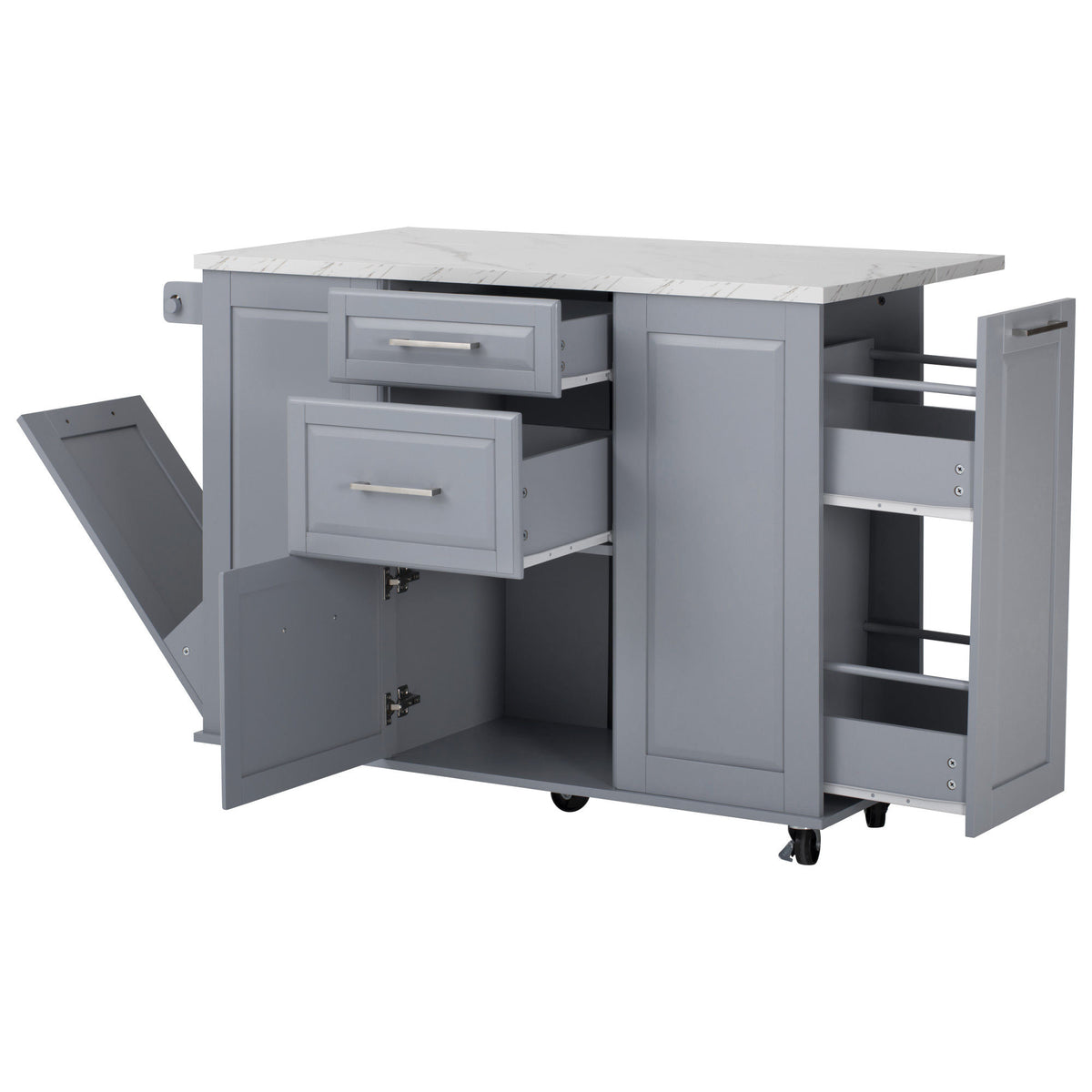 K&K 50.7" Kitchen Island with Storage Tilt Trash Can Cabinet and Pull Out Cabinet Organizer – Blue