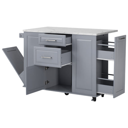 K&K 50.7" Kitchen Island with Storage Tilt Trash Can Cabinet and Pull Out Cabinet Organizer – Blue