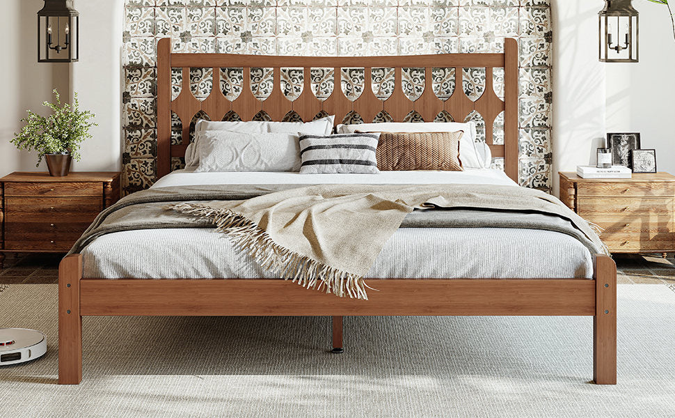 Queen Size Bamboo Platform Bed with Diamond-shaped headboard, Solid Bamboo-made Bed Frame with Support Slats, for Bedroom, Guest Rooms, Brown