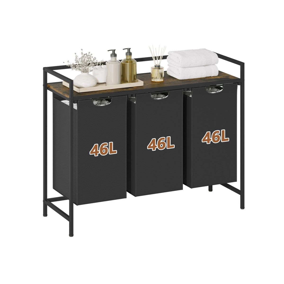 Laundry Hamper with Shelf, 3-Bin Laundry Sorter with Wood Top, Double Hamper with Removable Fabric Bags, Metal Frame, Freestanding Clothes Organizer for Bedroom, Bathroom, or Laundry Room