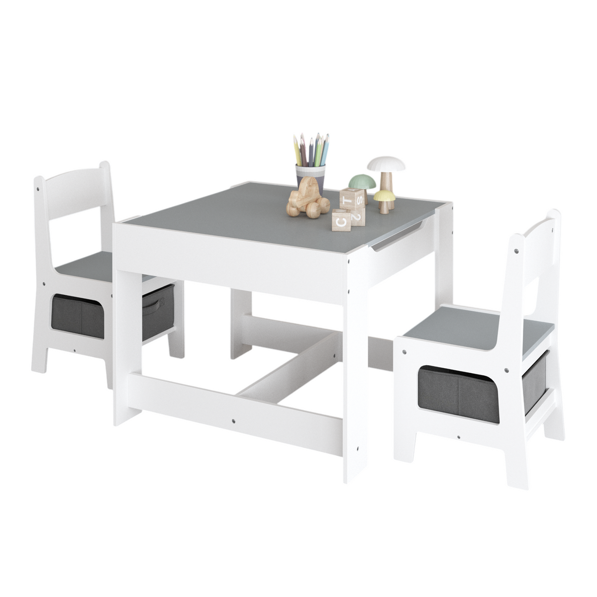 Kids Table and Chair Set, 3-in-1 Wooden Activity Table with Storage Drawer for Toddlers Drawing, Reading, Crafts, 2-in-1 Detachable Top in White+Gray MDF